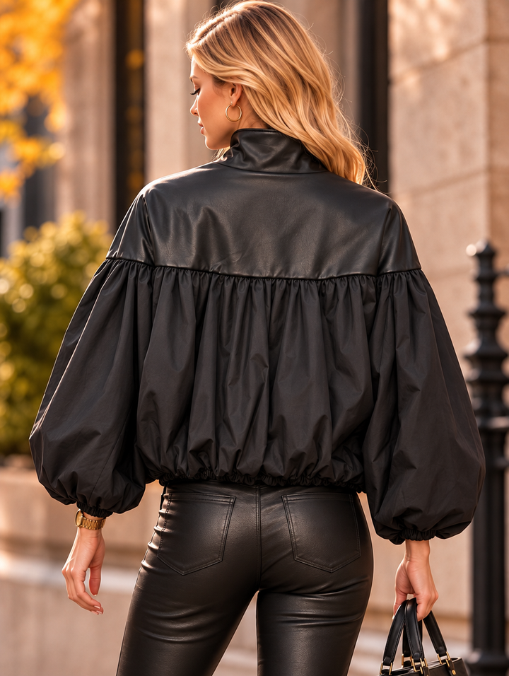 “AMBER” Balloon Sleeve Leather-Look Jacket black