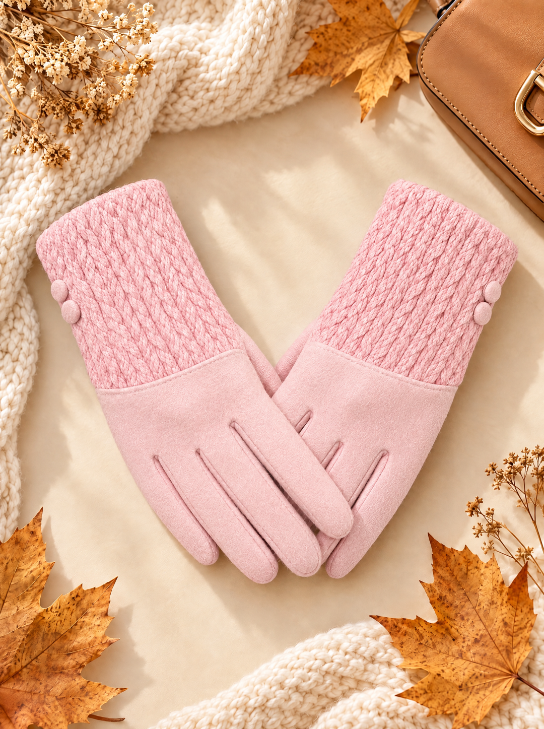 “ANTONIA” Textured Cuff Gloves pink
