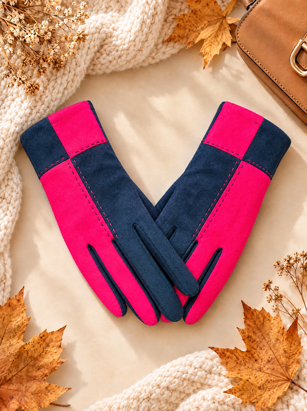 “BIANCA” Colour-Block Stitch Detail Gloves navy pink