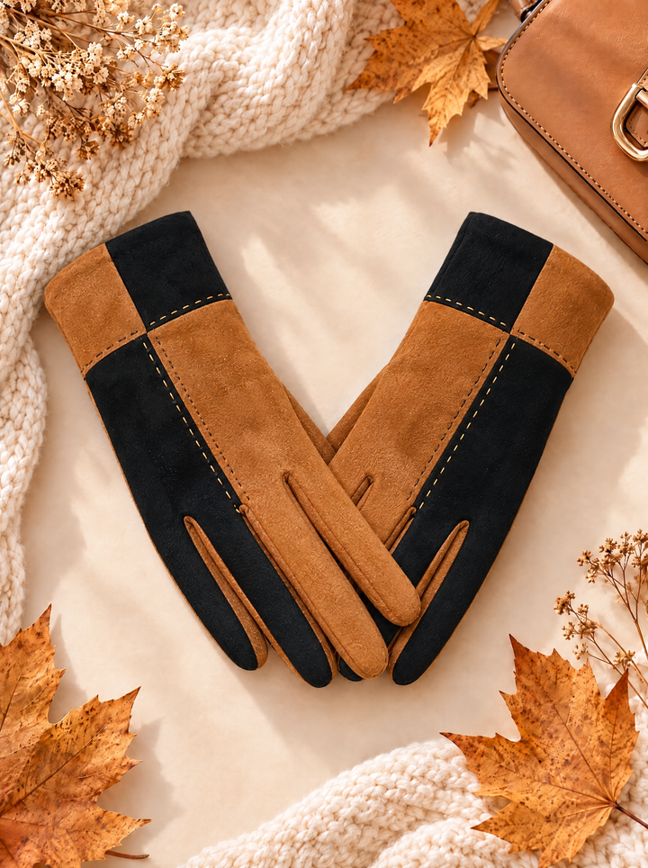 “BIANCA” Colour-Block Stitch Detail Gloves tan black