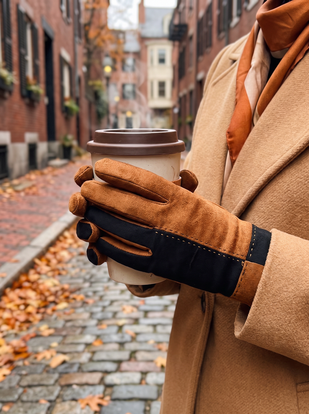 “BIANCA” Colour-Block Stitch Detail Gloves tan black