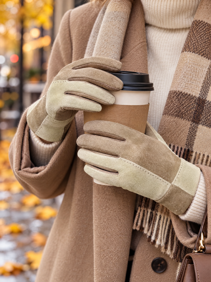 “BIANCA” Colour-Block Stitch Detail Gloves mocha cream