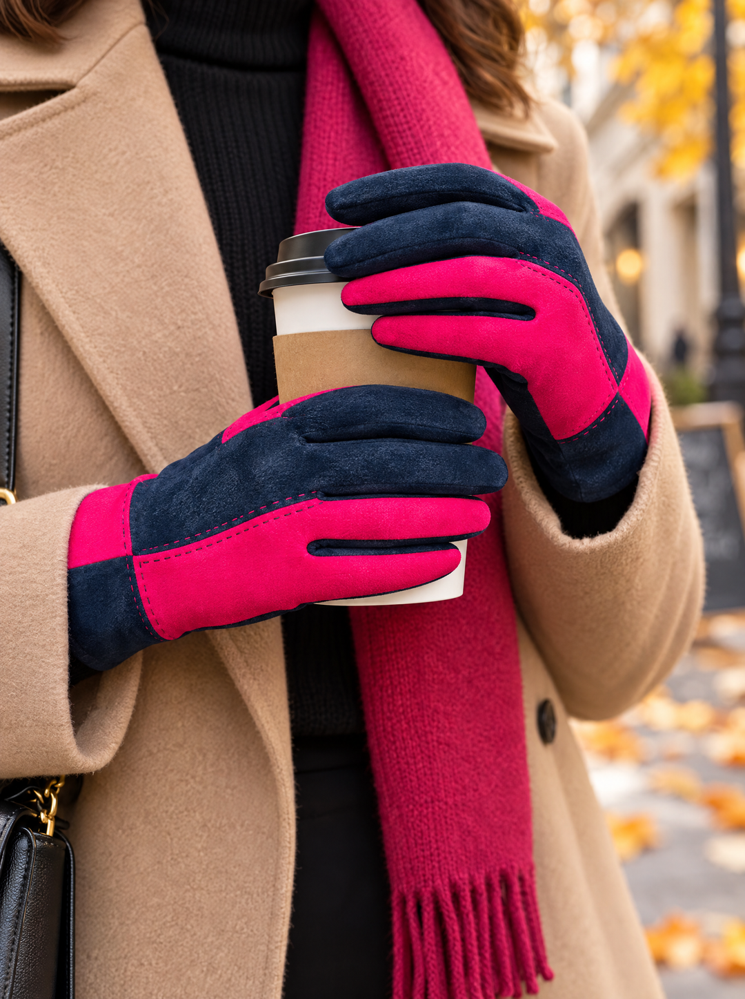 “BIANCA” Colour-Block Stitch Detail Gloves navy pink