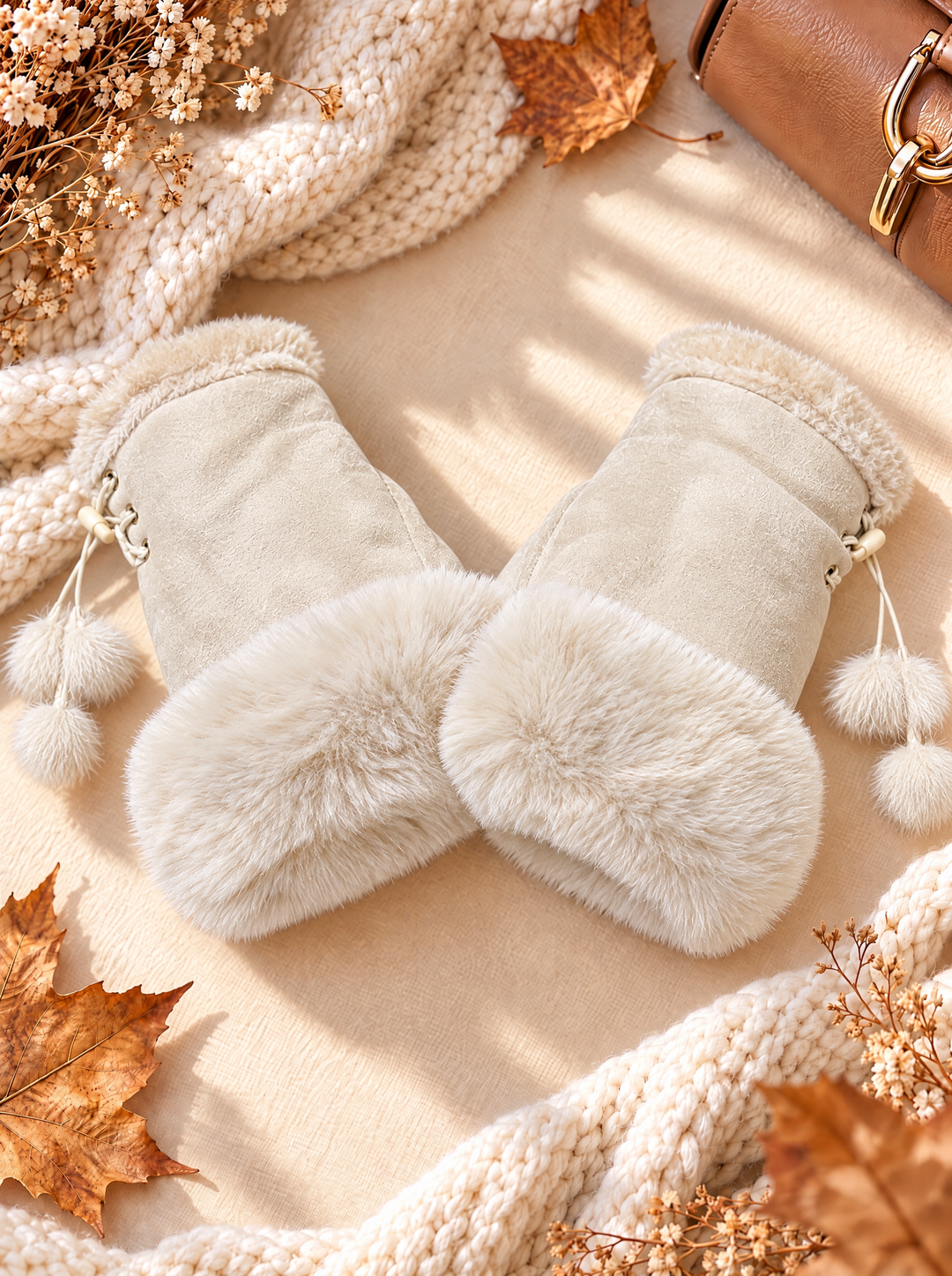 “CASEY” Faux Fur Trim Fingerless Gloves cream