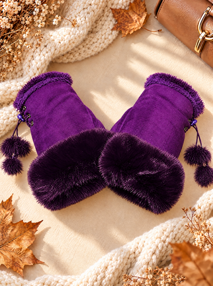 “CASEY” Faux Fur Trim Fingerless Gloves purple