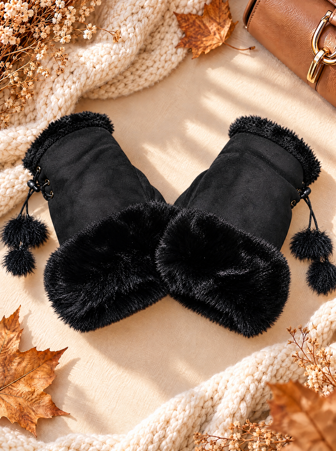 “CASEY” Faux Fur Trim Fingerless Gloves black