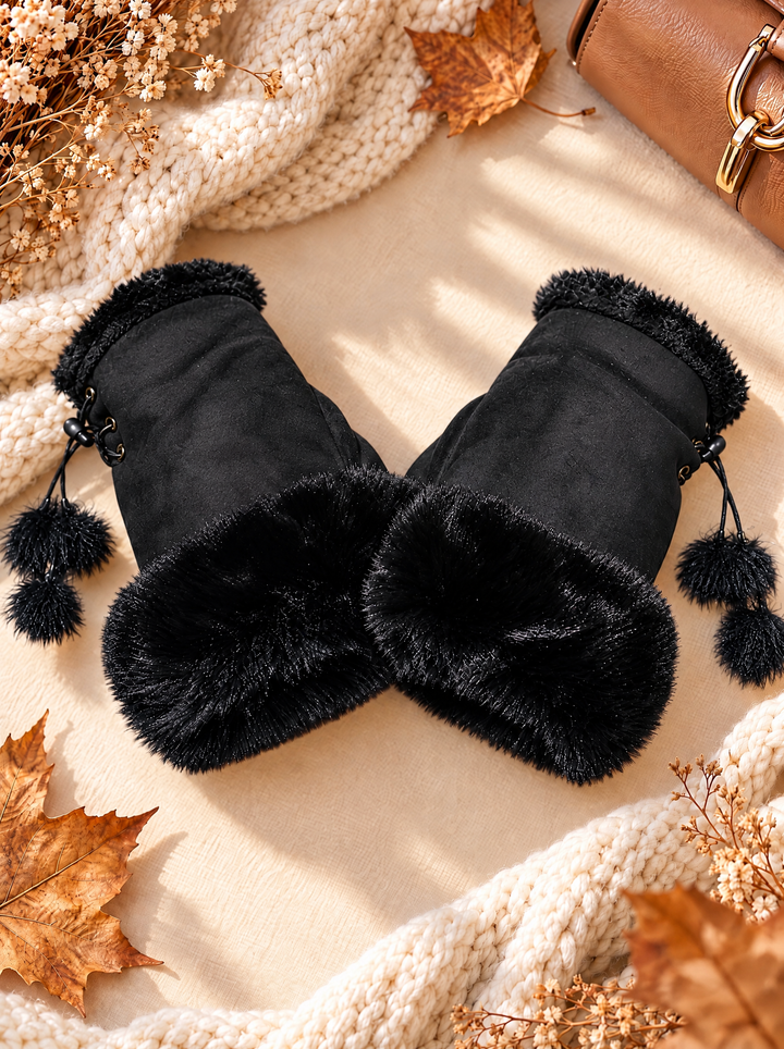 “CASEY” Faux Fur Trim Fingerless Gloves black