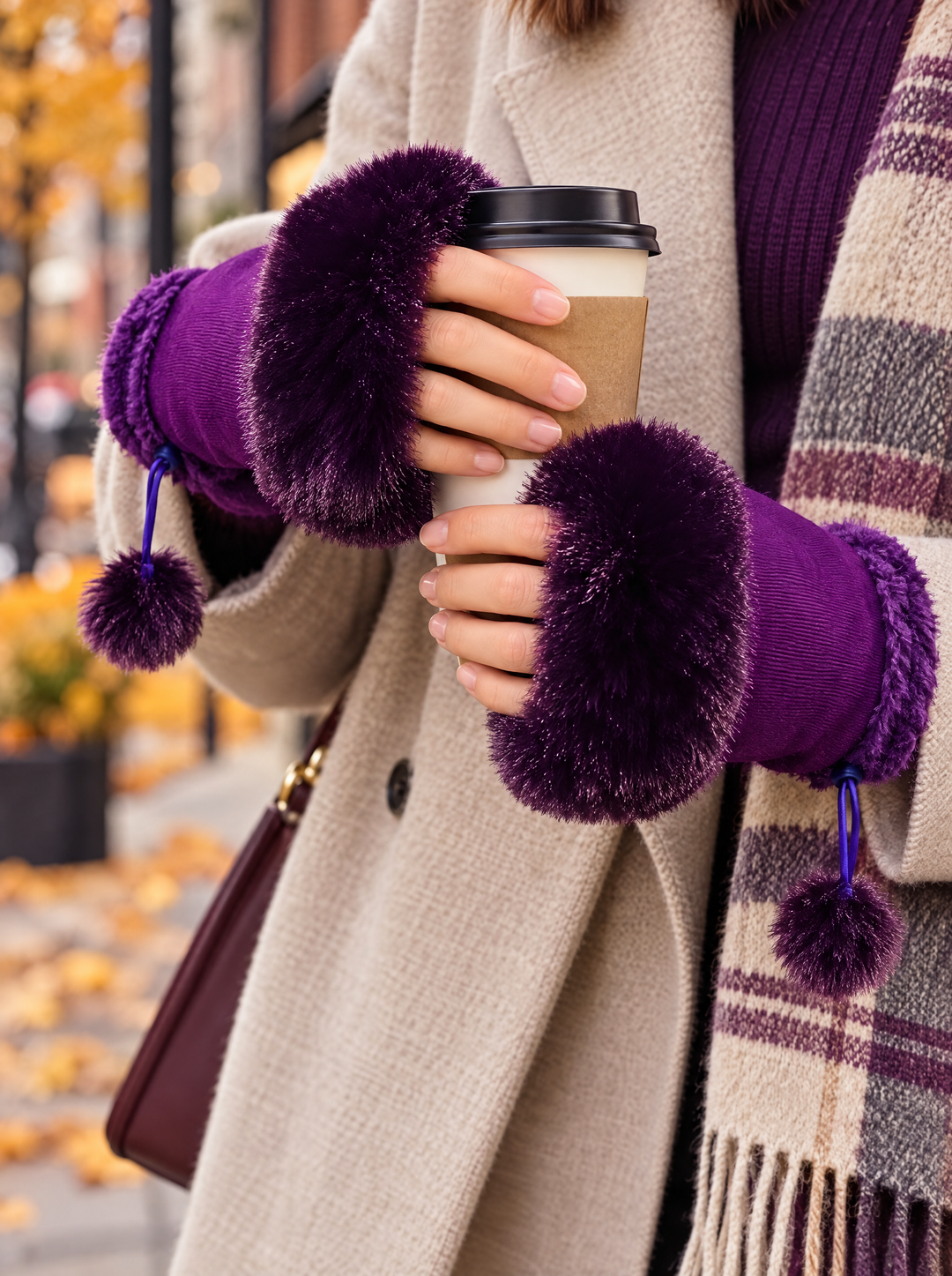 “CASEY” Faux Fur Trim Fingerless Gloves purple