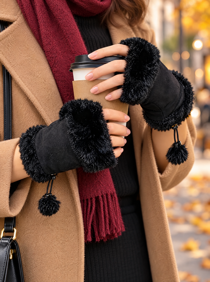 “CASEY” Faux Fur Trim Fingerless Gloves black