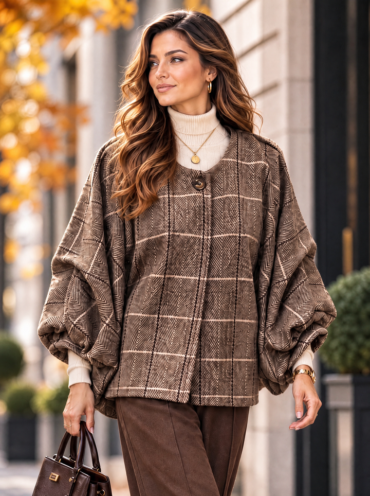“BETH” Check Baloon Sleeve Jacket brown