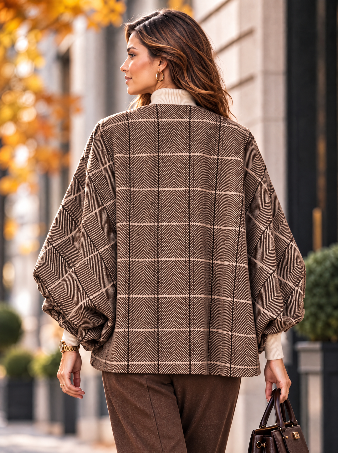 “BETH” Check Baloon Sleeve Jacket brown