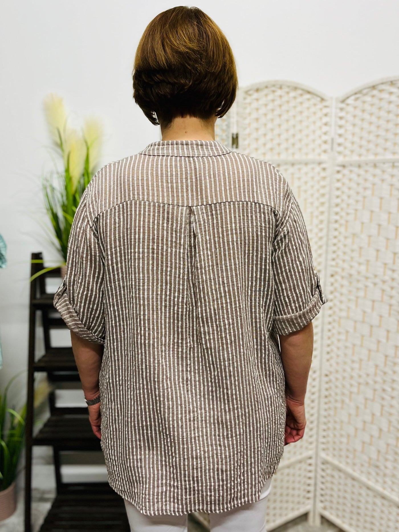 "AURORA”  Stripe Print Shirt-Mocha & White