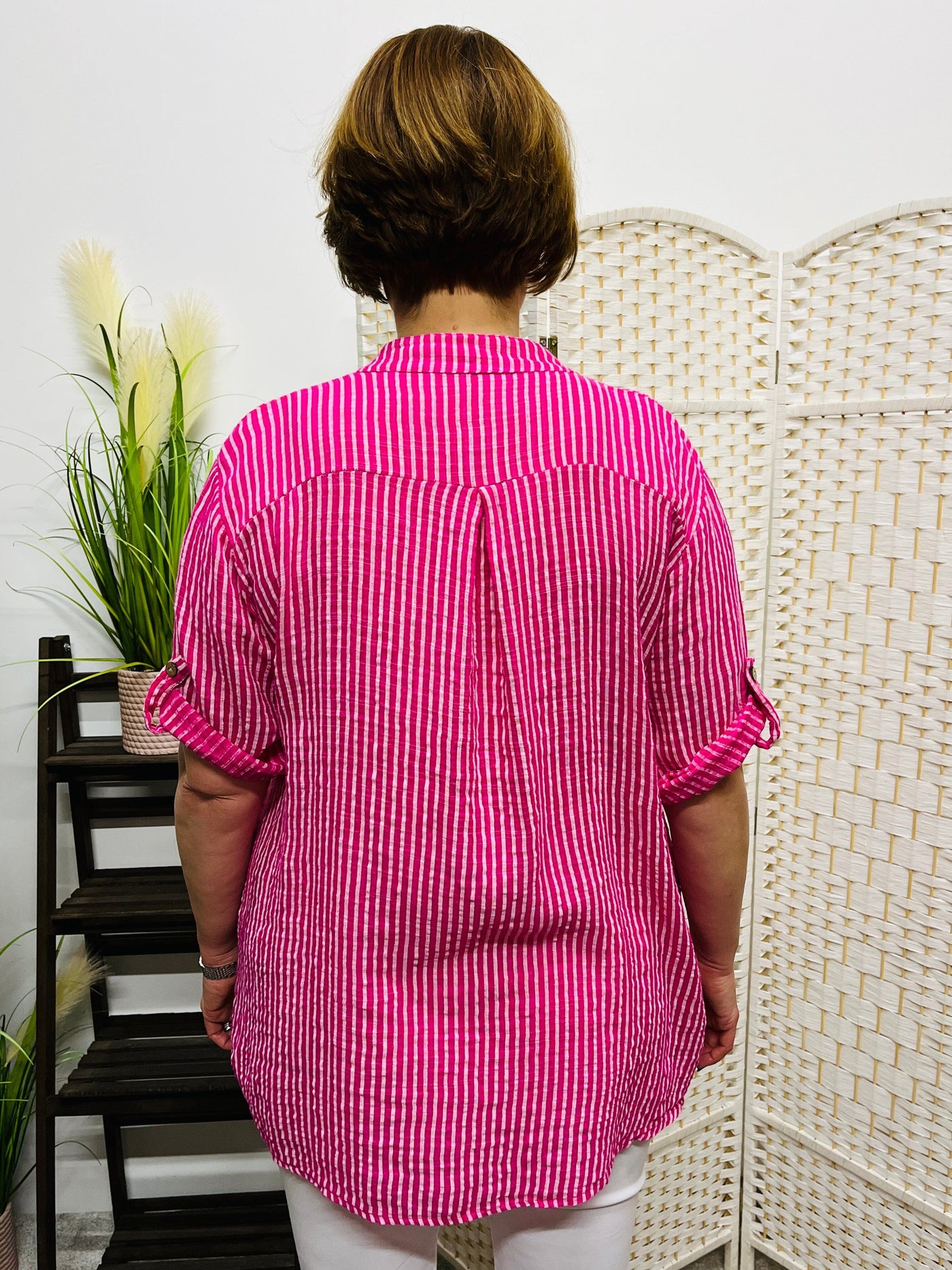 "AURORA”  Stripe Print Shirt-Pink & White
