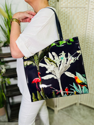 Floral Print Tote Handbag-Navy