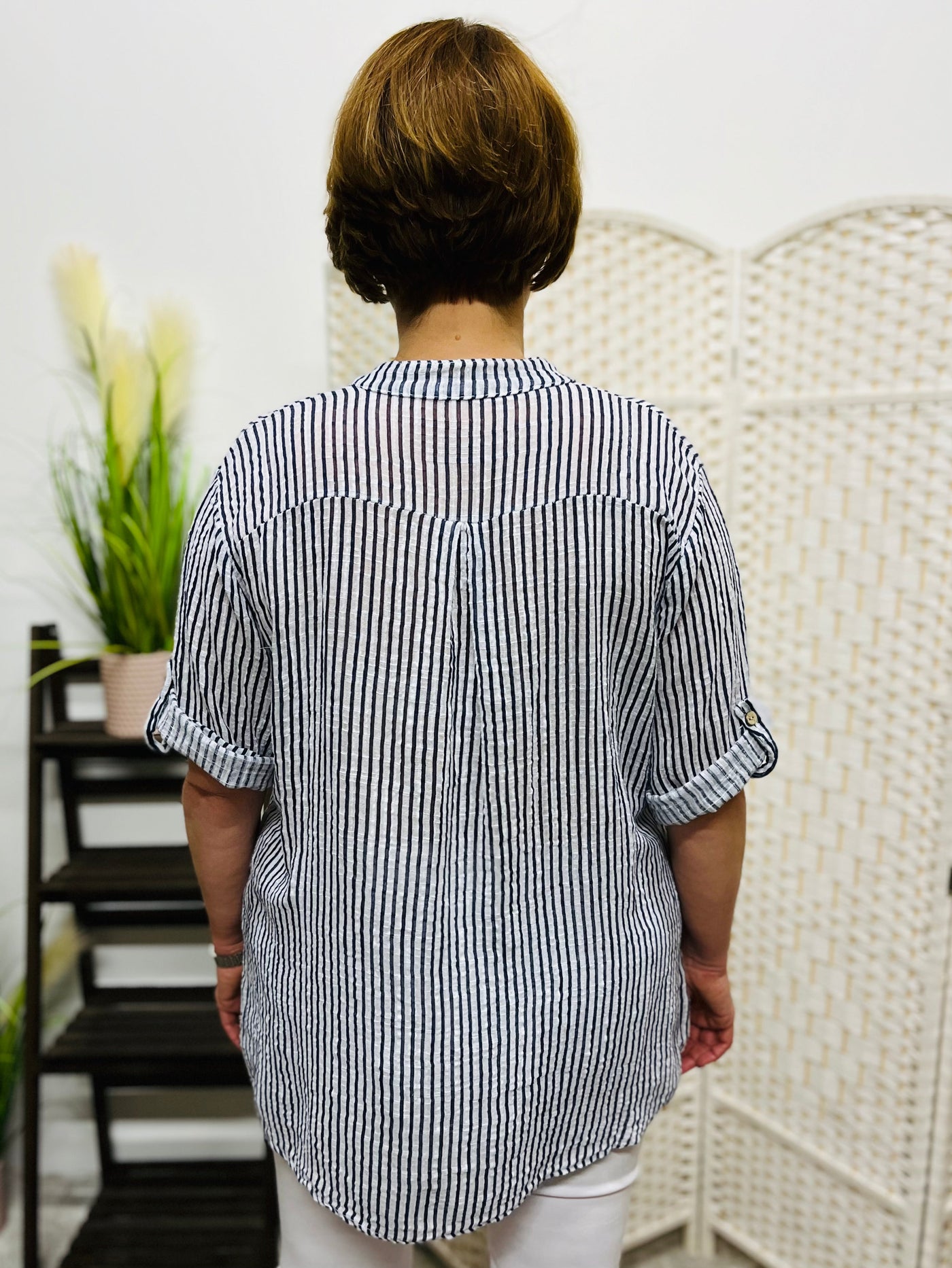 "AURORA”  Stripe Print Shirt-White & Navy