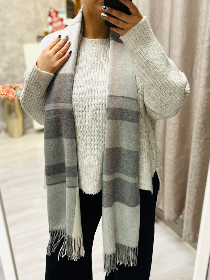 Check Print Scarf-Silver & Grey