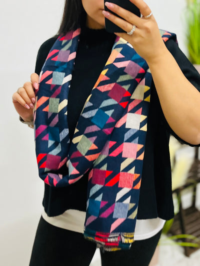 Houndstooth Print Scarf-Navy & Multicolour