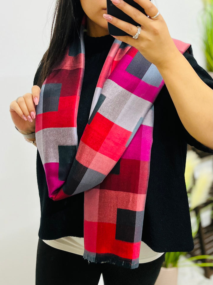 Block Print Scarf-Red/Silver & Black