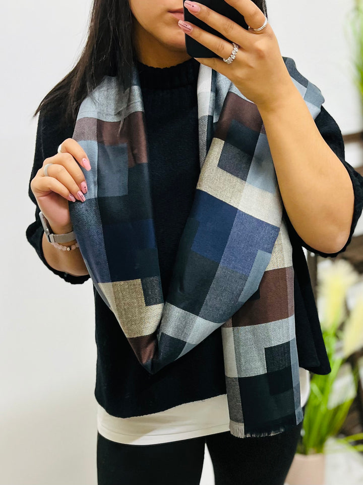 Block Print Scarf-Navy/Brown & Grey
