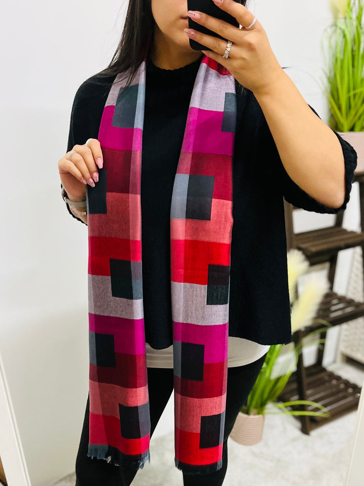 Block Print Scarf-Red/Silver & Black