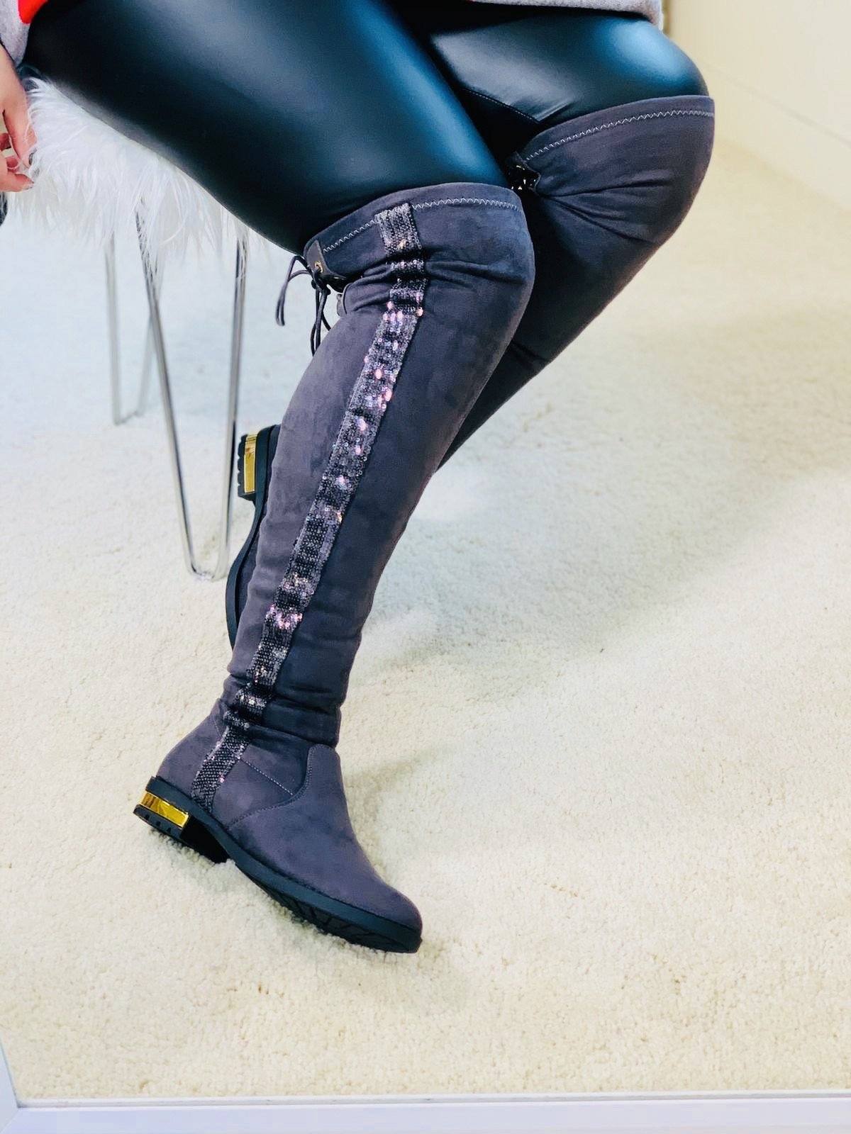 No.5 "CIARA" Grey FAUX Suede Knee Length Boots
