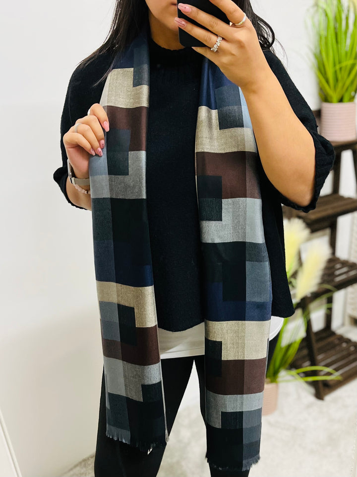 Block Print Scarf-Navy/Brown & Grey
